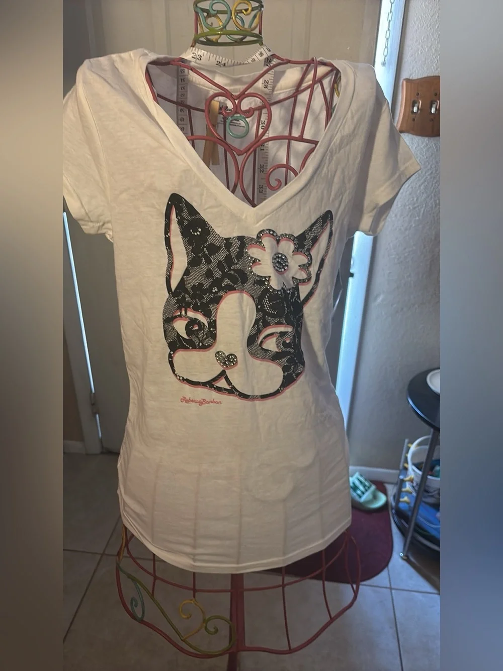 White Graphic Cat Tee with Pink Accents